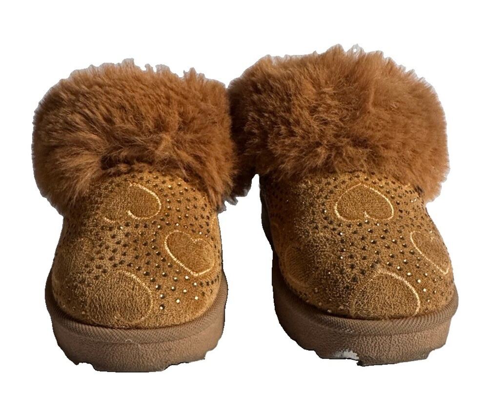 Tahari Girls Size 9 Brown Faux Fur Ankle Boots Hearts Rhinestone Winter